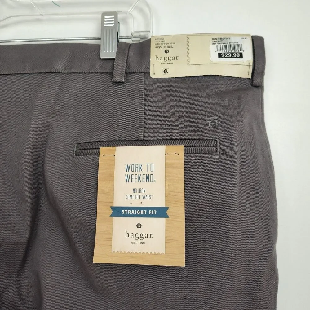 NWT Haggar Straight Fit Khaki Pants Men's 42x32‎ Gray Straight Leg